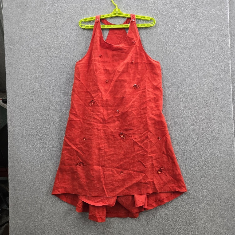 Banana Republic Women Dress 12 Red Cotton Linen A-Line Beaded Sleeveless Coastal
